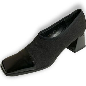 MEZLAN black genuine leather block heel pumps fabric sock sz 9N